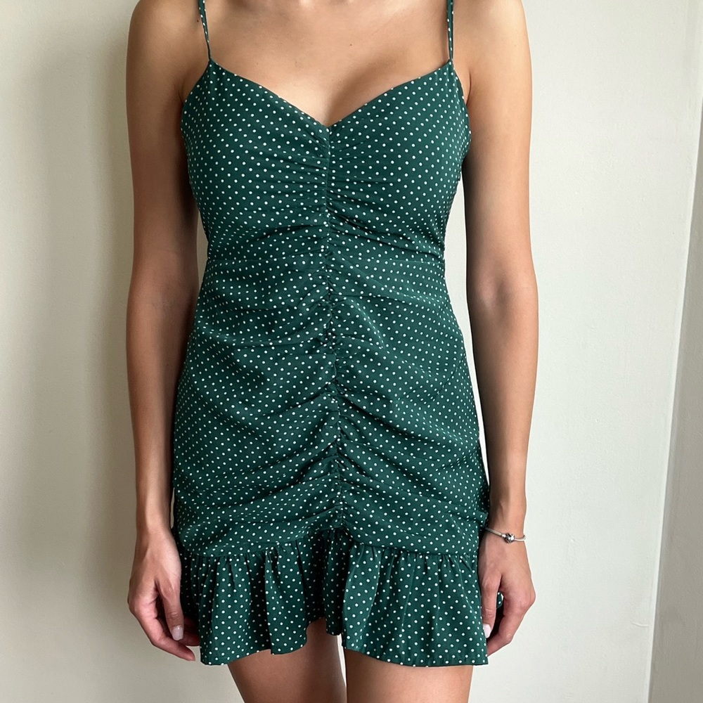 Urban Outfitters Women's Green Uo Mar Polka Dot Cinched Mini Dress